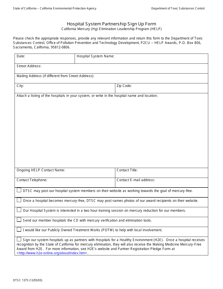 DTSC Form 1375 Hospital System Partnership Sign up Form - California, Page 1