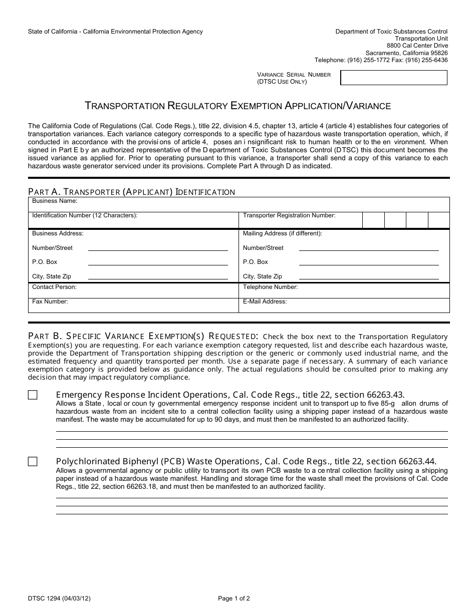 DTSC Form 1294 Transportation Regulatory Exemption Application / Variance - California, Page 1