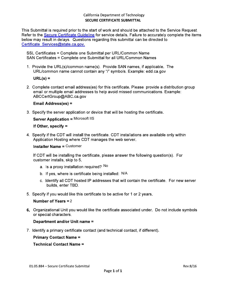 Secure Certificate Submittal Form - California, Page 1