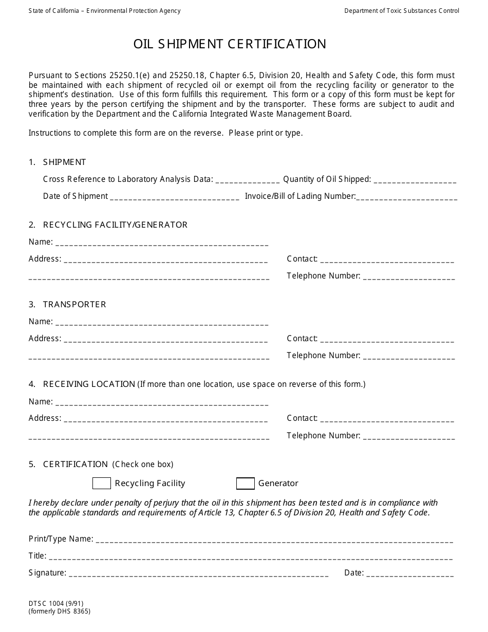 DTSC Form 1004 Oil Shipment Certification - California, Page 1