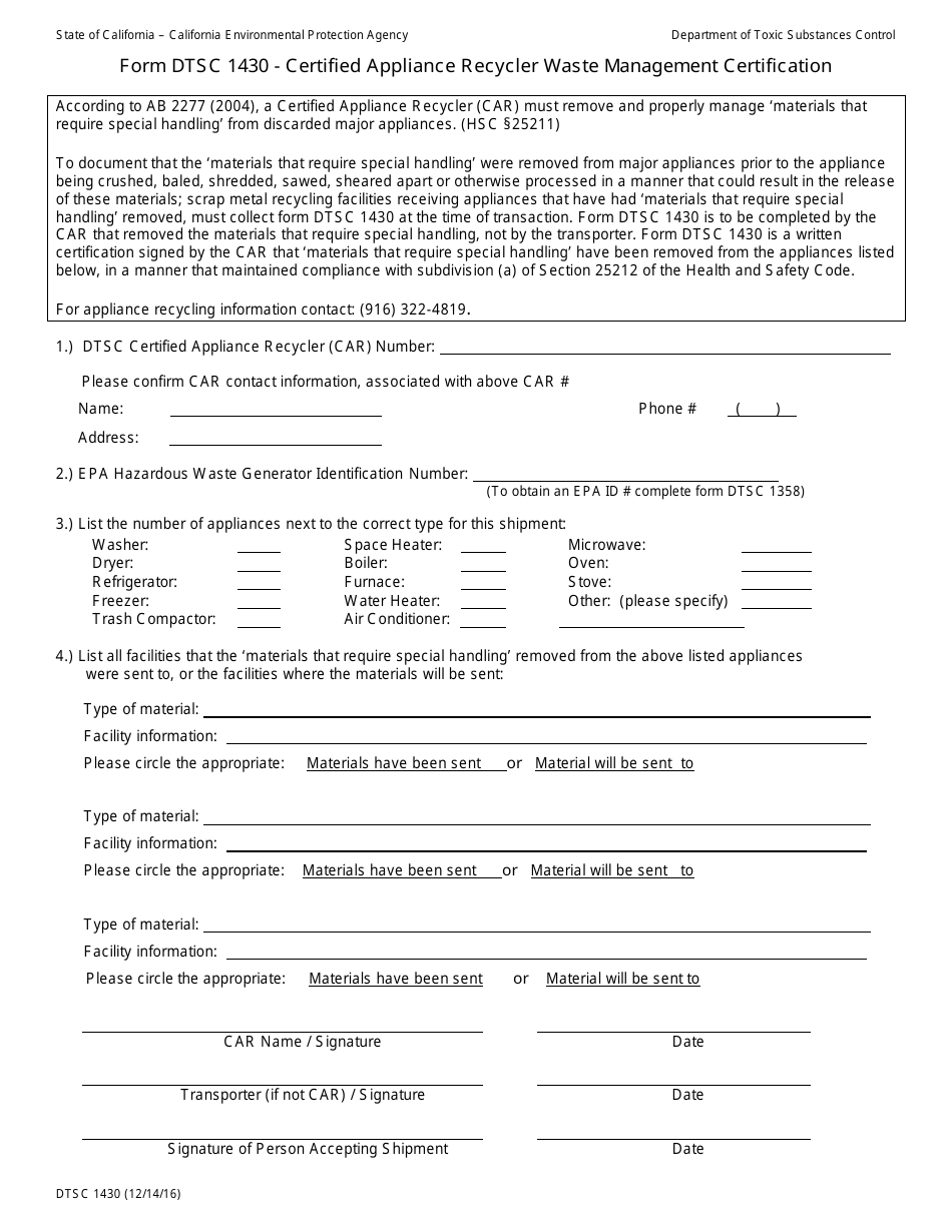 DTSC Form 1430 Certified Appliance Recycler Waste Management Certification - California, Page 1