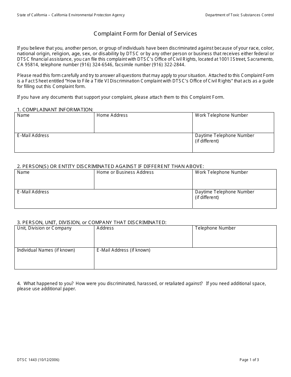 DTSC Form 1443 Complaint Form for Denial of Services - California, Page 1