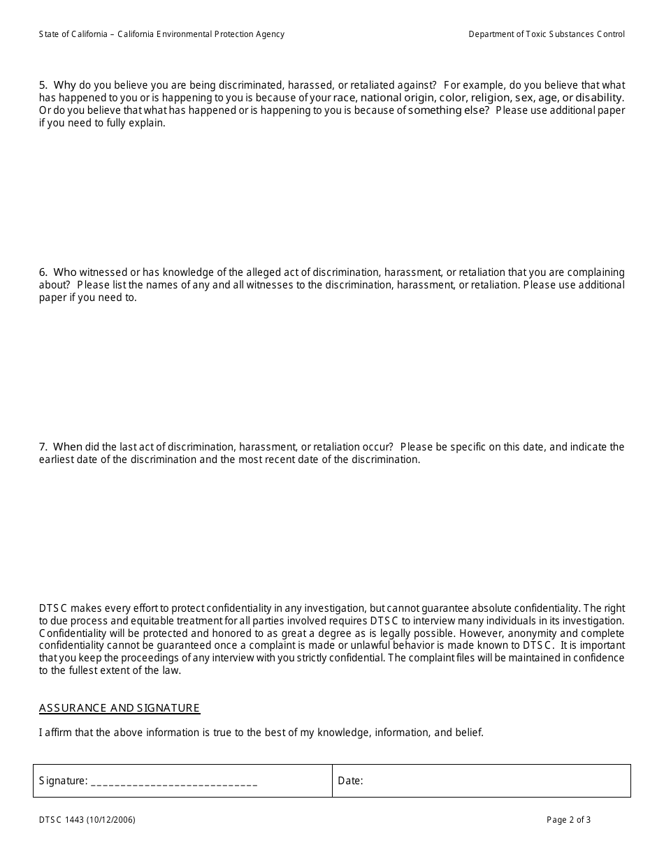DTSC Form 1443 Complaint Form for Denial of Services - California, Page 2
