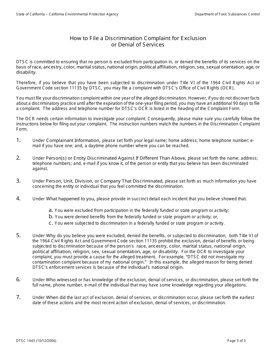 DTSC Form 1443 Complaint Form for Denial of Services - California, Page 3