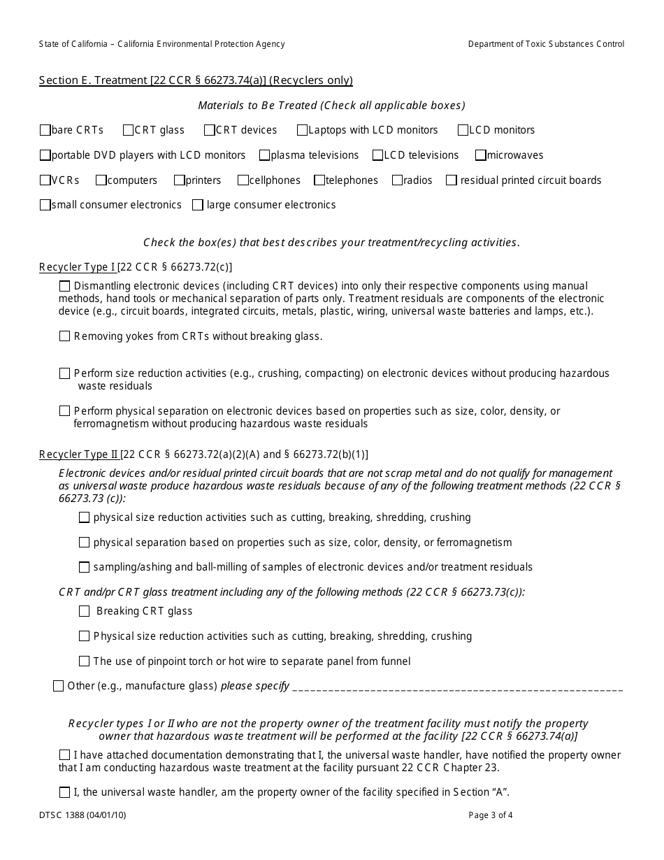 DTSC Form 1388 Notice of Intent to Handle and / or Treat or Recycle Electronic Devices, Cathode Ray Tubes (Crts) and / or Crt Glass - California, Page 3