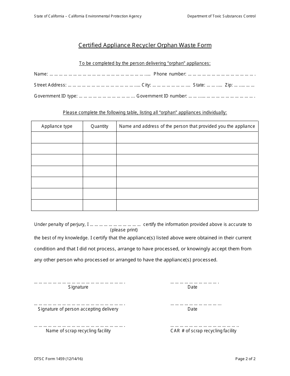 DTSC Form 1459 Certified Appliance Recycler Orphan Waste Form - California, Page 2
