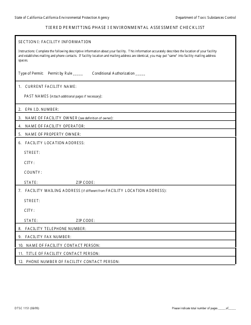 DTSC Form 1151 Tiered Permitting Phase I Environmental Assessment Checklist - California