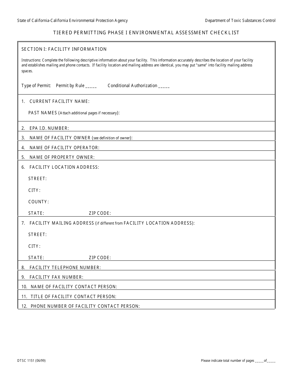DTSC Form 1151 Tiered Permitting Phase I Environmental Assessment Checklist - California, Page 1