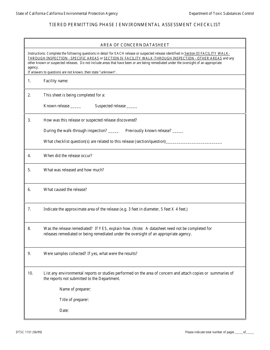 DTSC Form 1151 Tiered Permitting Phase I Environmental Assessment Checklist - California, Page 5