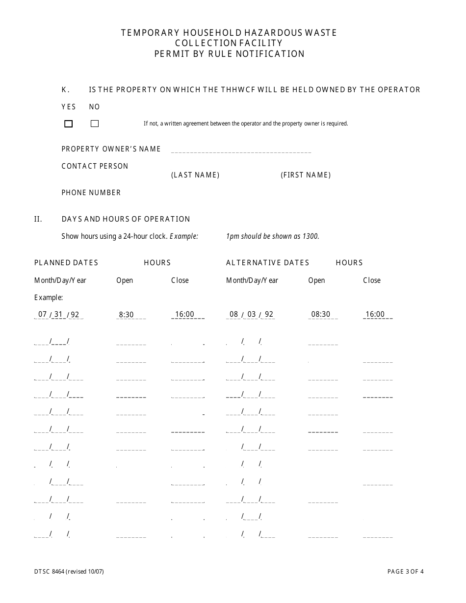 DTSC Form 8464 Temporary Household Hazardous Waste Collection Facility Permit by Rule Notification - California, Page 3