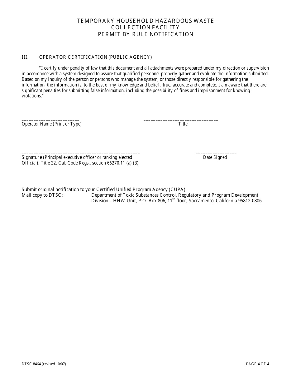 DTSC Form 8464 Temporary Household Hazardous Waste Collection Facility Permit by Rule Notification - California, Page 4