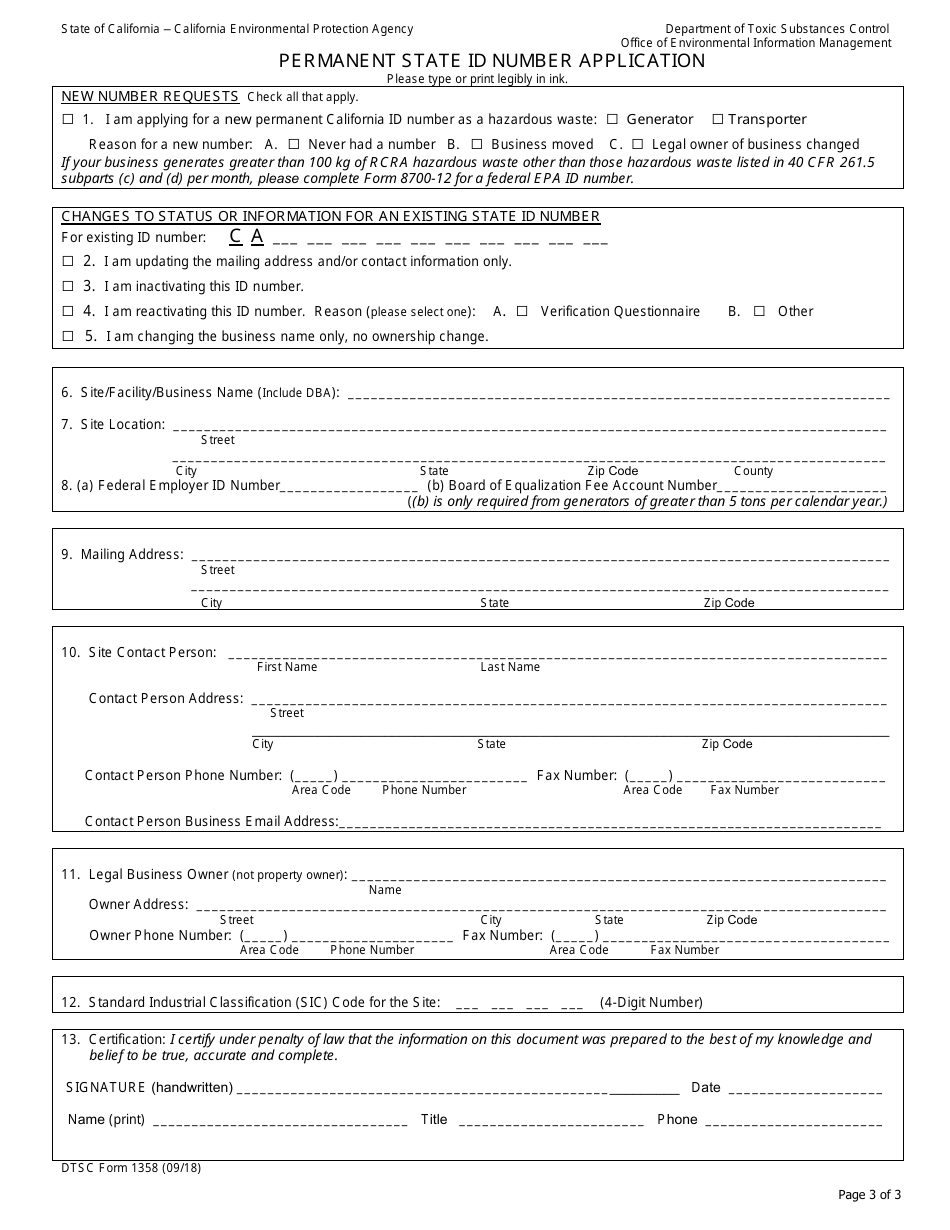 DTSC Form 1358 Permanent State Id Number Application - California, Page 3