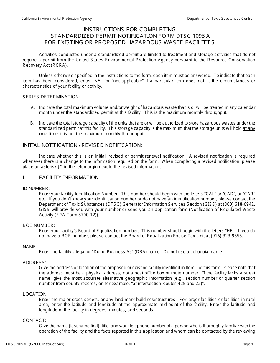 Instructions for DTSC Form 1093A Standardized Permit Notification for Existing or Proposed Hazardous Waste Facilities - California, Page 1