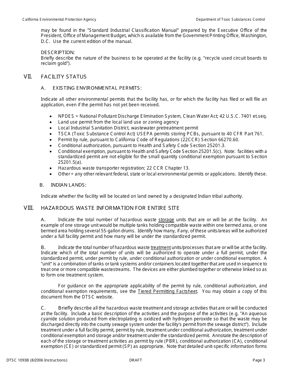Instructions for DTSC Form 1093A Standardized Permit Notification for Existing or Proposed Hazardous Waste Facilities - California, Page 3