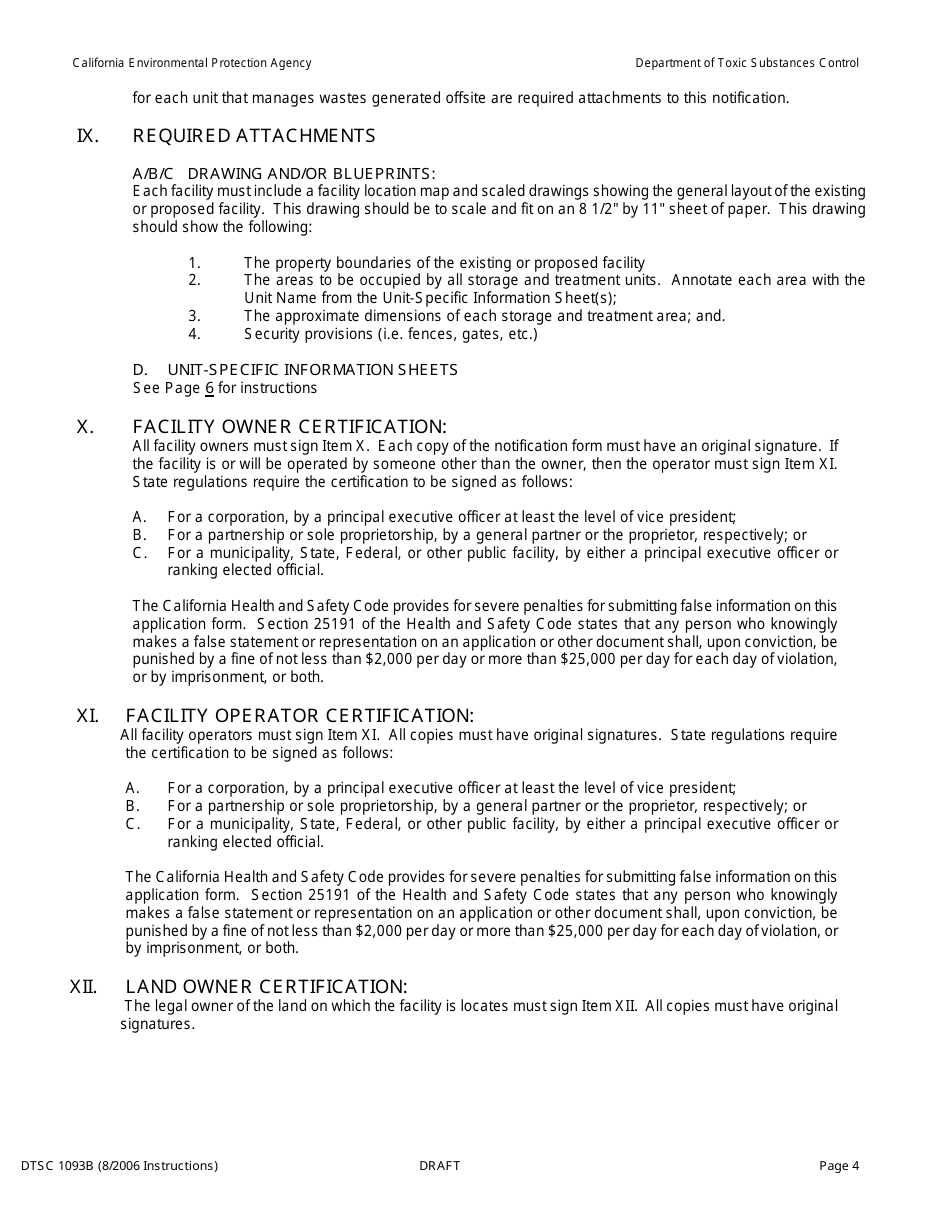 Instructions for DTSC Form 1093A Standardized Permit Notification for Existing or Proposed Hazardous Waste Facilities - California, Page 4