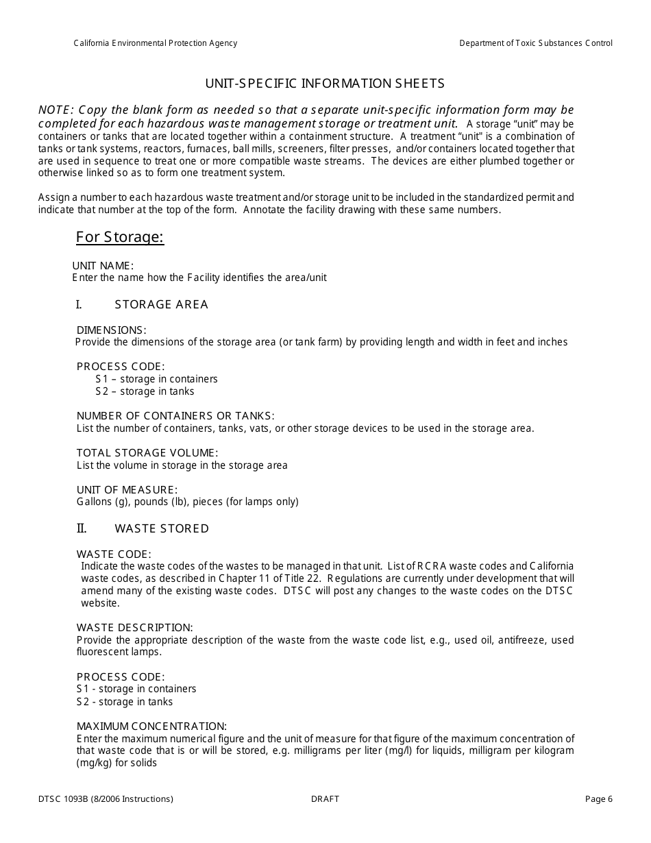 Instructions for DTSC Form 1093A Standardized Permit Notification for Existing or Proposed Hazardous Waste Facilities - California, Page 6