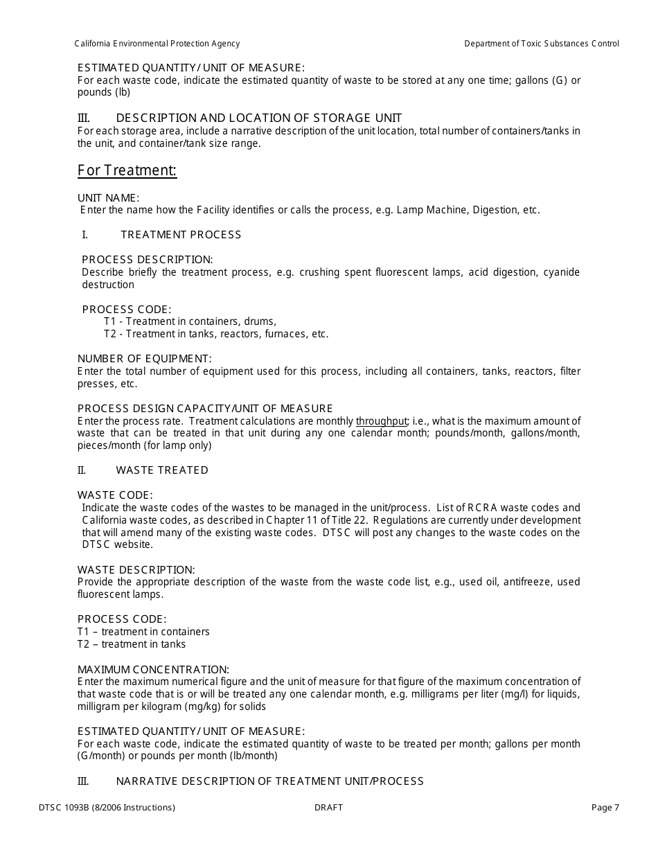 Instructions for DTSC Form 1093A Standardized Permit Notification for Existing or Proposed Hazardous Waste Facilities - California, Page 7