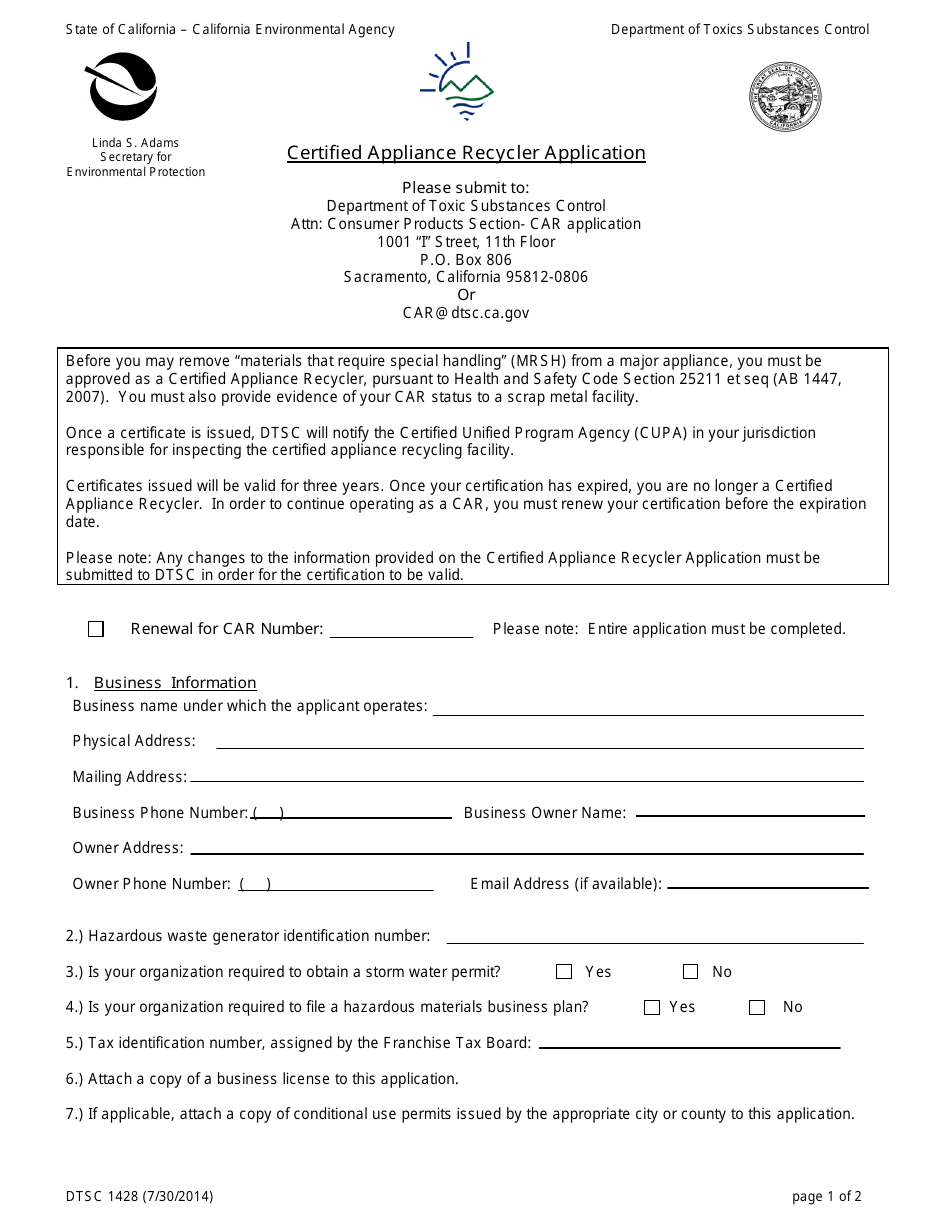DTSC Form 1428 Certified Appliance Recycler Application - California, Page 1