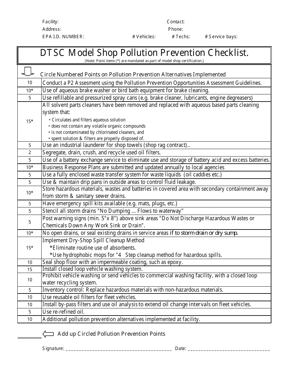 DTSC Model Shop Pollution Prevention Checklist - California, Page 1