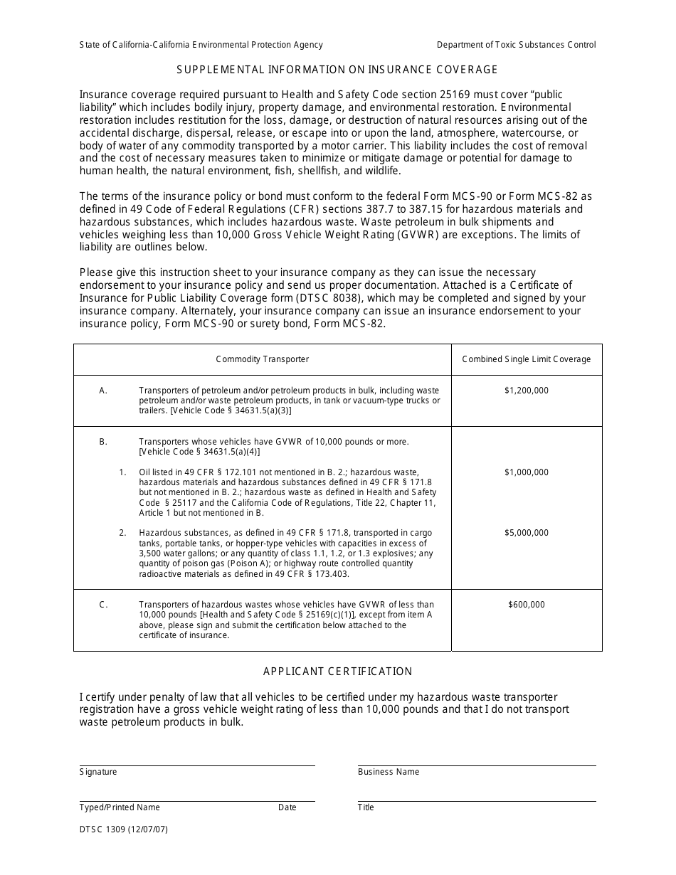 DTSC Form 1309 Supplemental Information on Insurance Coverage - California, Page 1