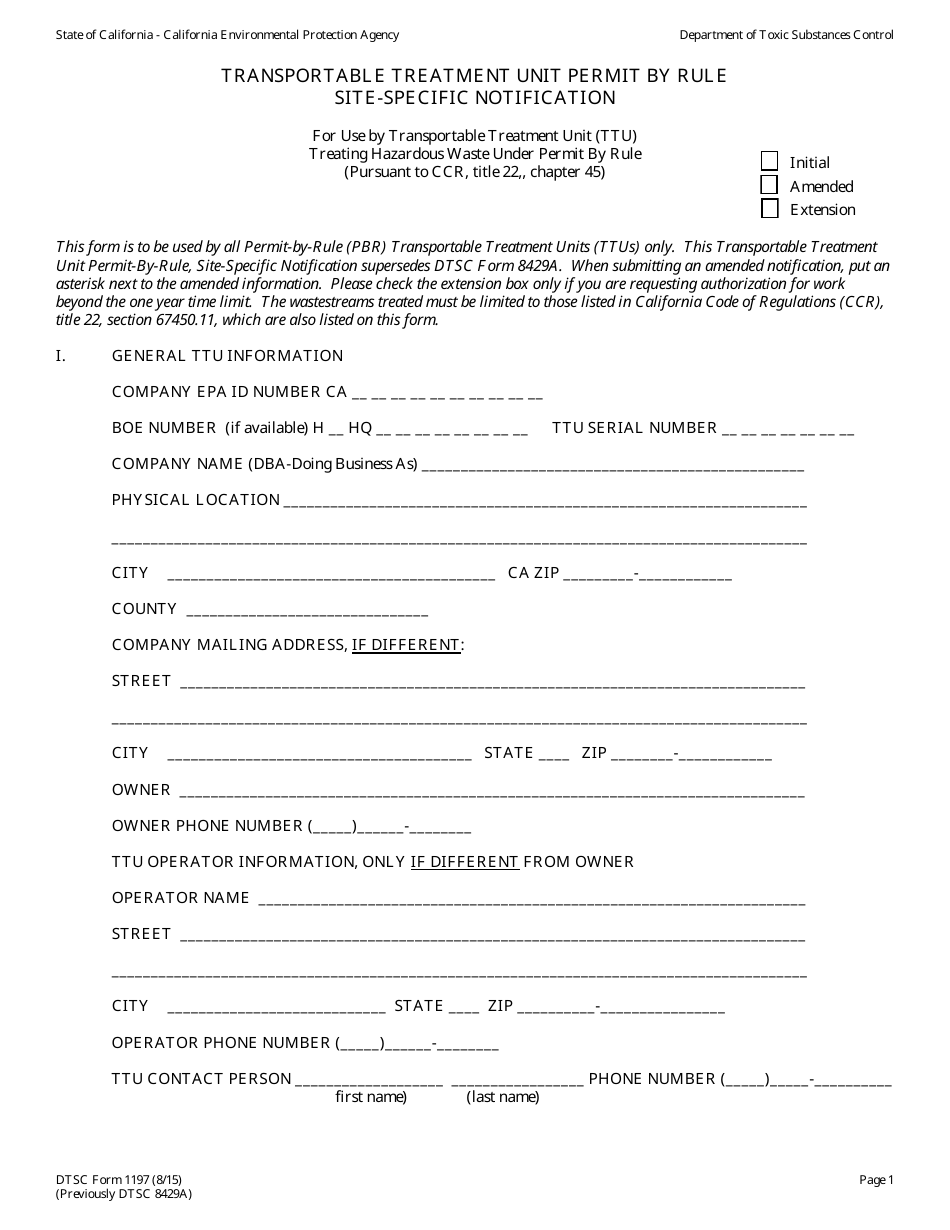 DTSC Form 1197 Transportable Treatment Unit Permit by Rule Site-Specific Notification - California, Page 1