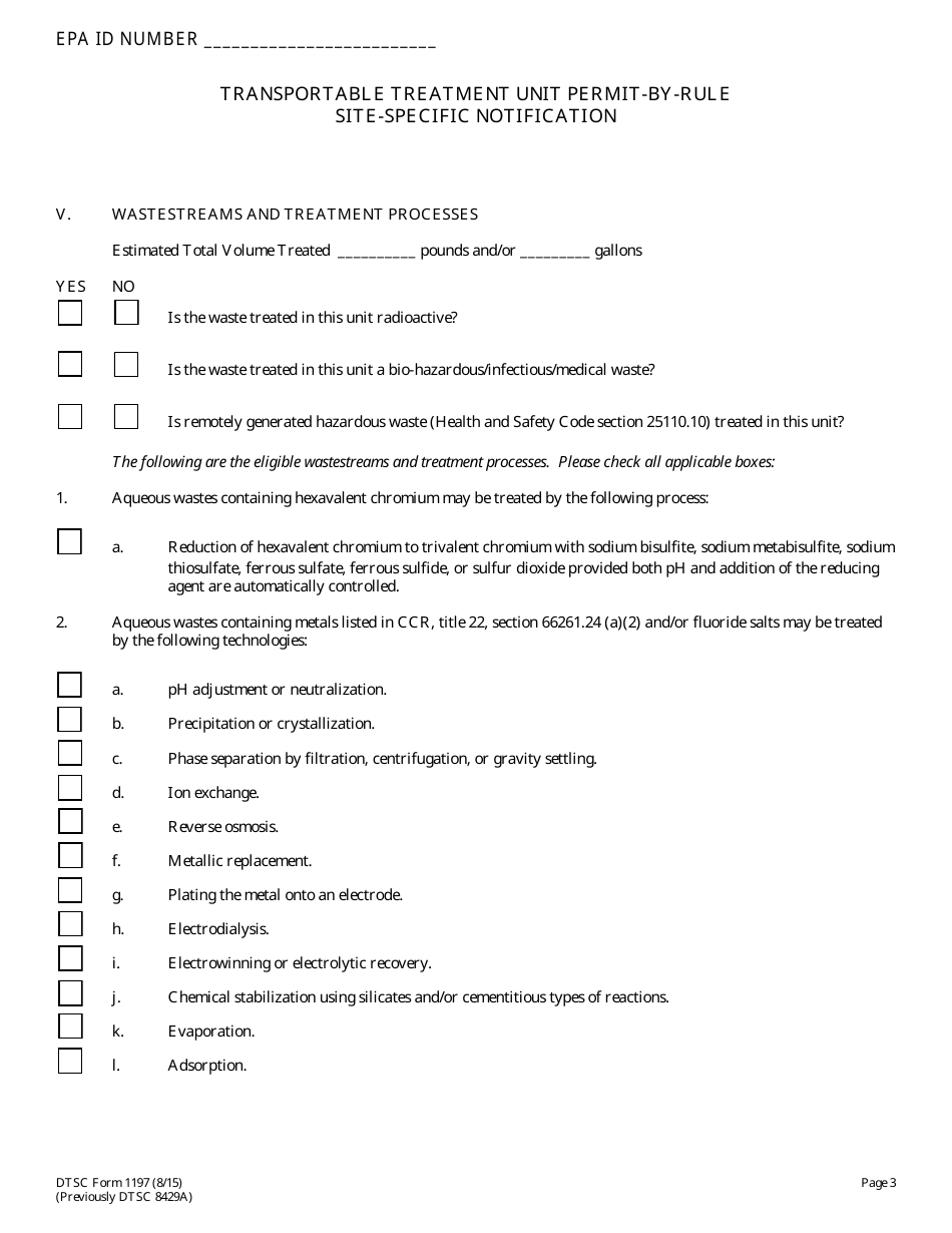 DTSC Form 1197 Transportable Treatment Unit Permit by Rule Site-Specific Notification - California, Page 3
