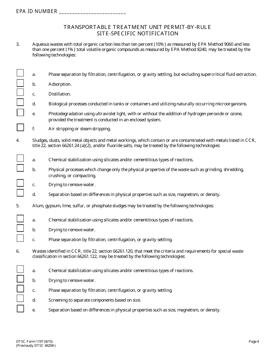 DTSC Form 1197 Transportable Treatment Unit Permit by Rule Site-Specific Notification - California, Page 4