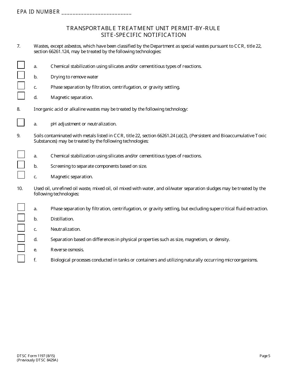 DTSC Form 1197 Transportable Treatment Unit Permit by Rule Site-Specific Notification - California, Page 5