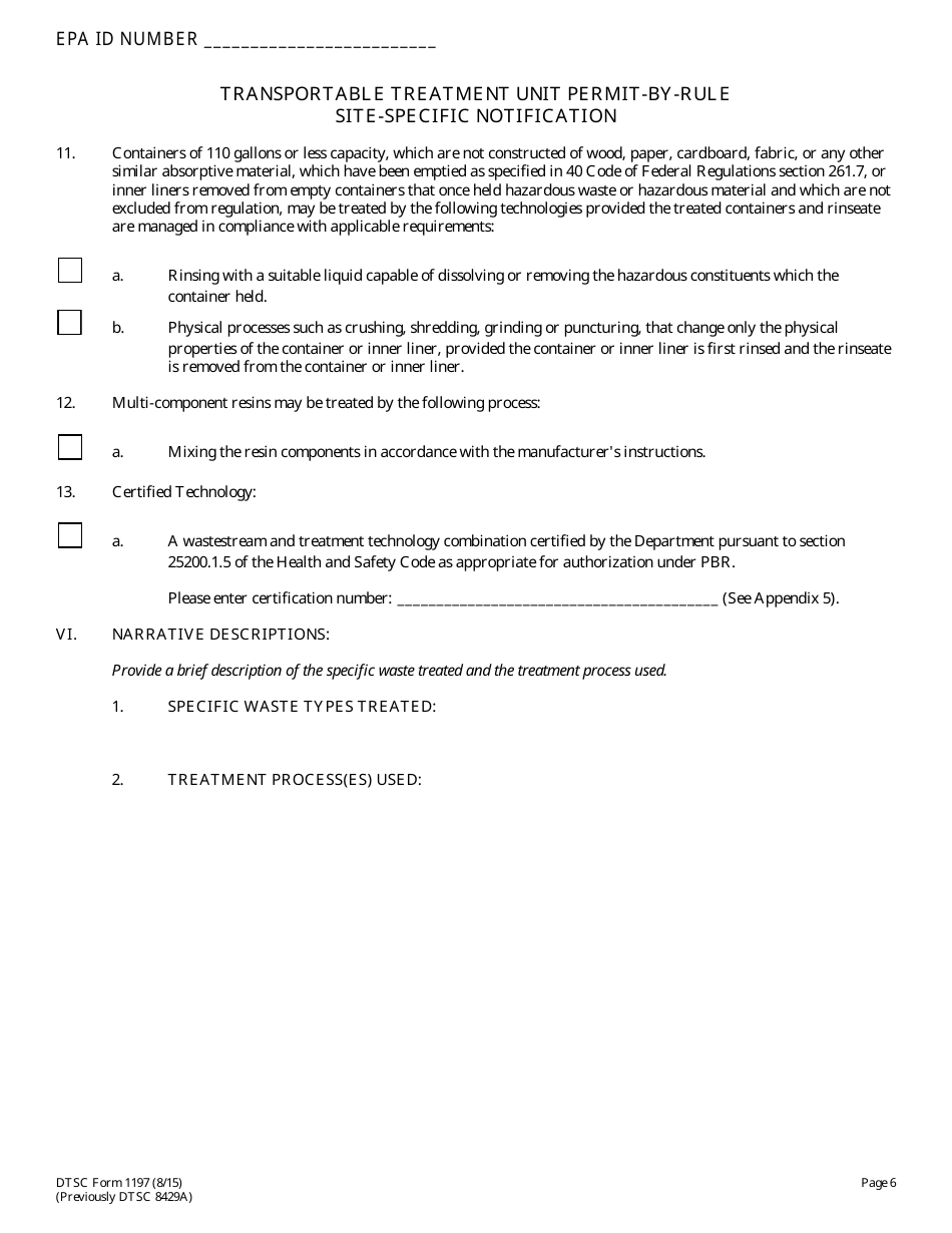 DTSC Form 1197 Transportable Treatment Unit Permit by Rule Site-Specific Notification - California, Page 6