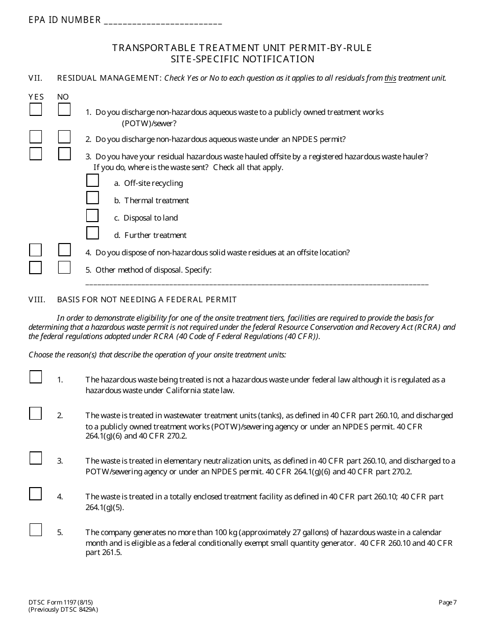 DTSC Form 1197 Transportable Treatment Unit Permit by Rule Site-Specific Notification - California, Page 7