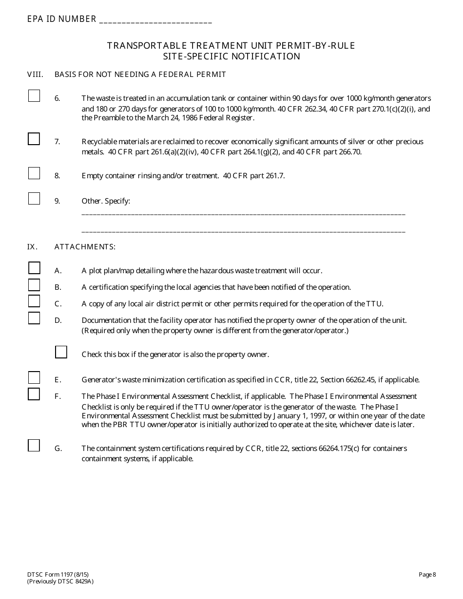 DTSC Form 1197 Transportable Treatment Unit Permit by Rule Site-Specific Notification - California, Page 8