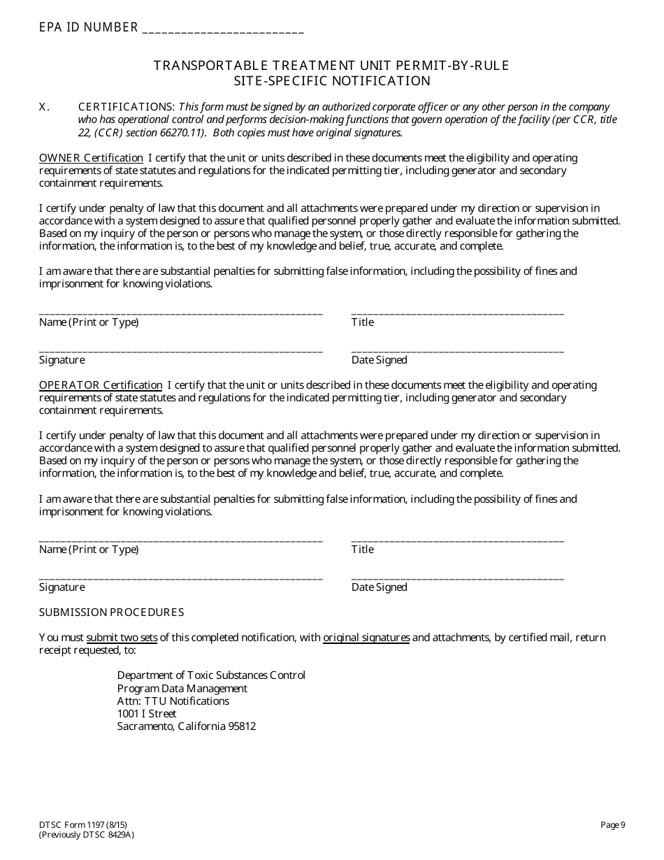 DTSC Form 1197 Transportable Treatment Unit Permit by Rule Site-Specific Notification - California, Page 9