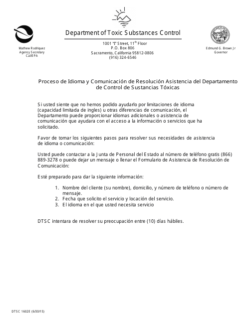 DTSC Formulario 1602E Formulario De Asistencia De Resolucion De Comunicacion - California (Spanish)