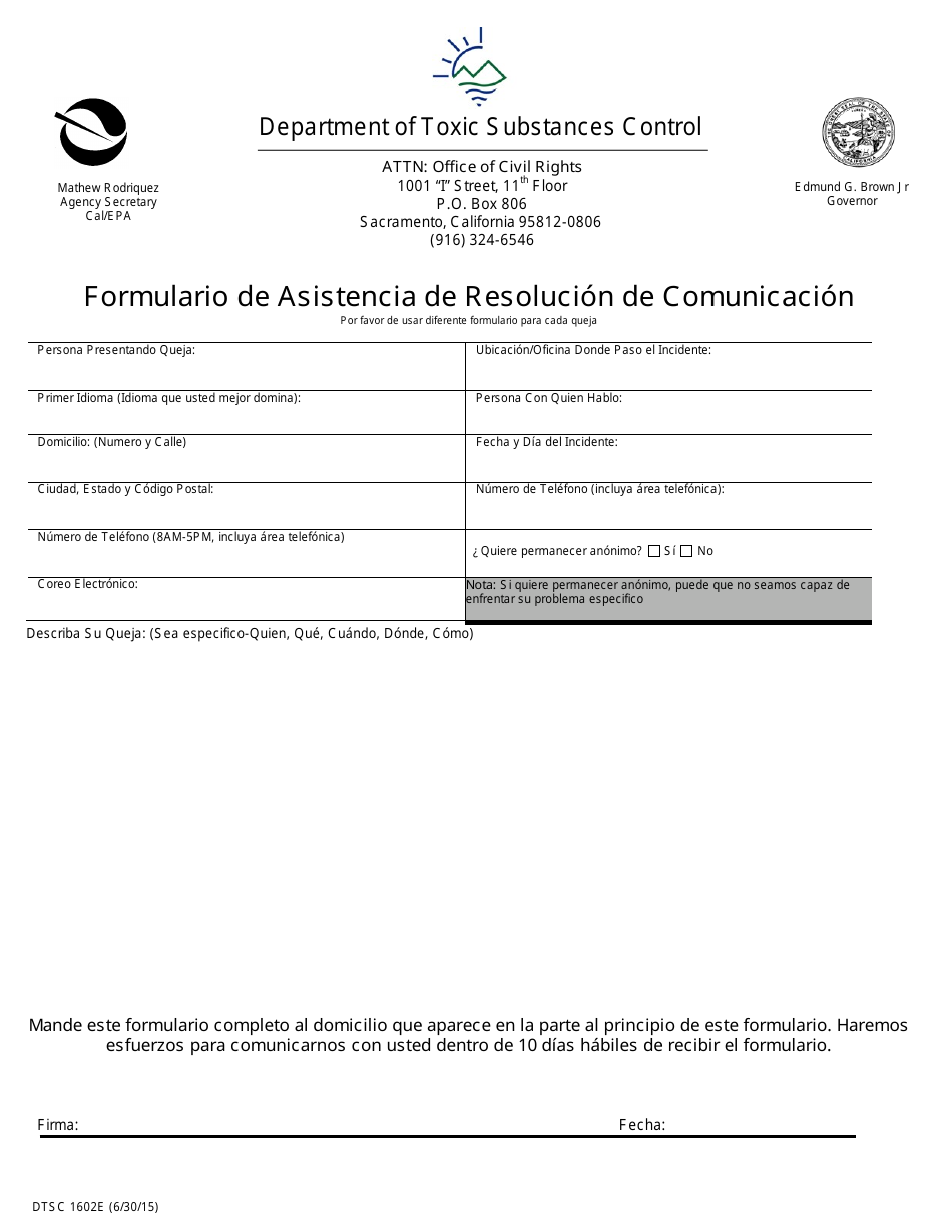 DTSC Formulario 1602E Formulario De Asistencia De Resolucion De Comunicacion - California (Spanish), Page 2