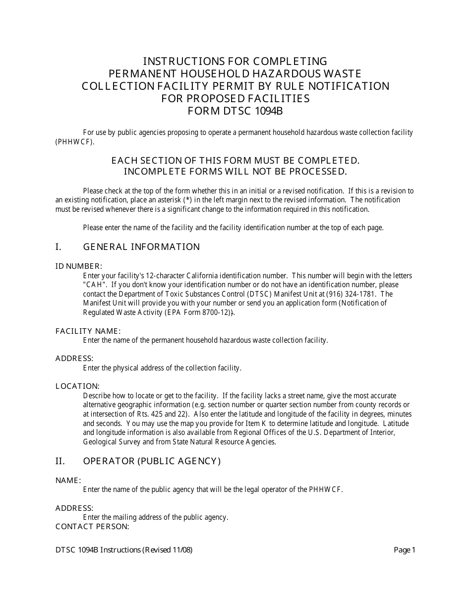 DTSC Form 1094B Permit by Rule Notification for Proposed Facilities - California, Page 1