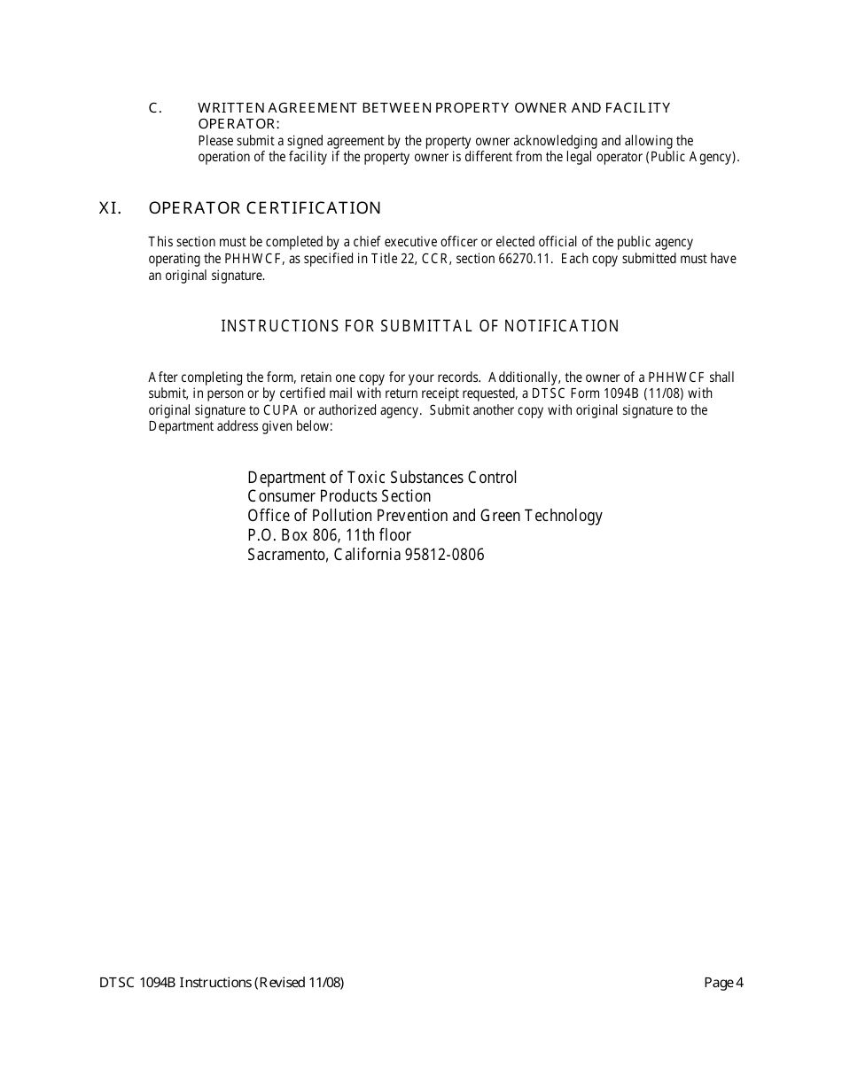 DTSC Form 1094B Permit by Rule Notification for Proposed Facilities - California, Page 4