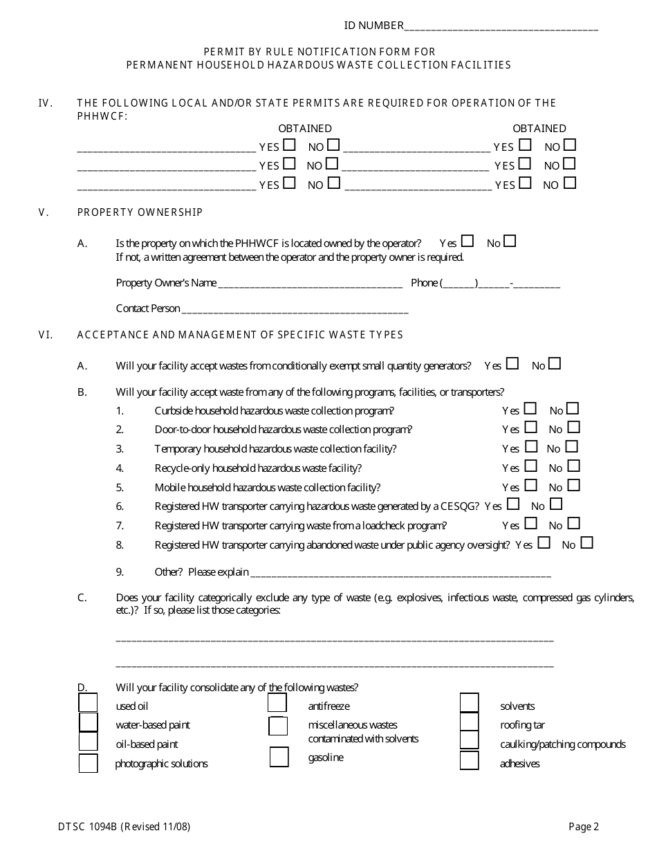 DTSC Form 1094B Permit by Rule Notification for Proposed Facilities - California, Page 6