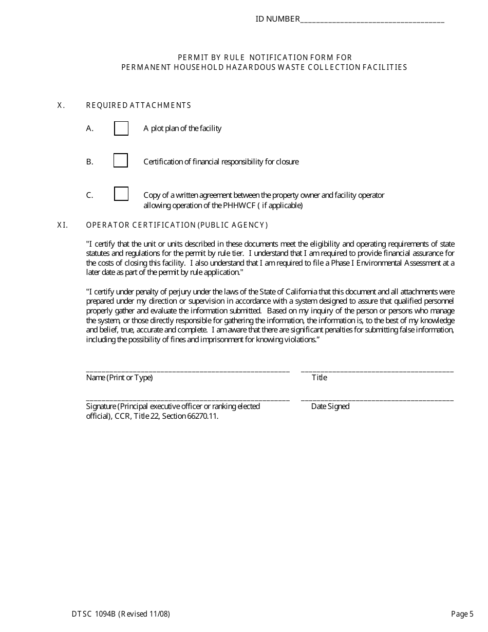 DTSC Form 1094B Permit by Rule Notification for Proposed Facilities - California, Page 9