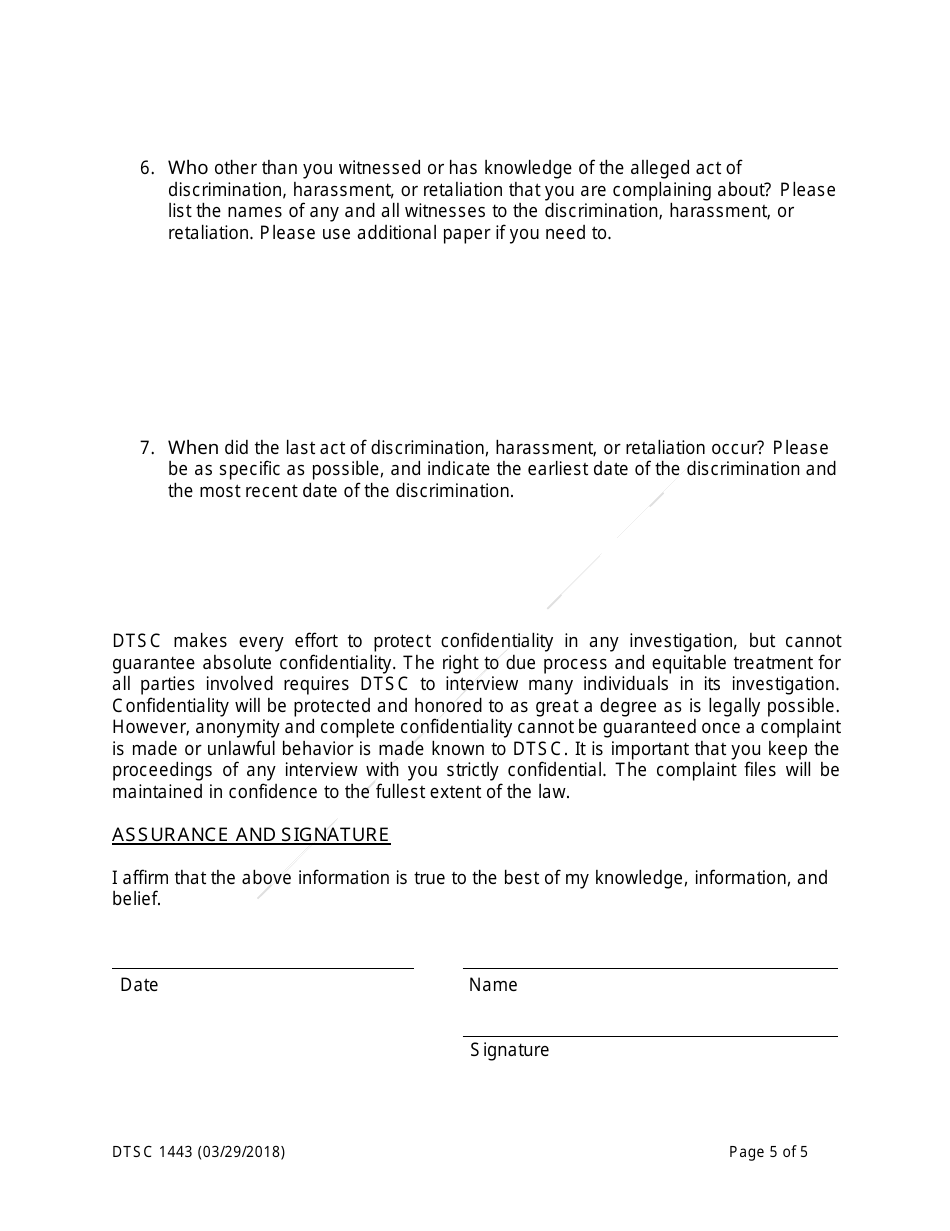 DTSC Form 1443 Civil Rights Complaint Form - California, Page 5