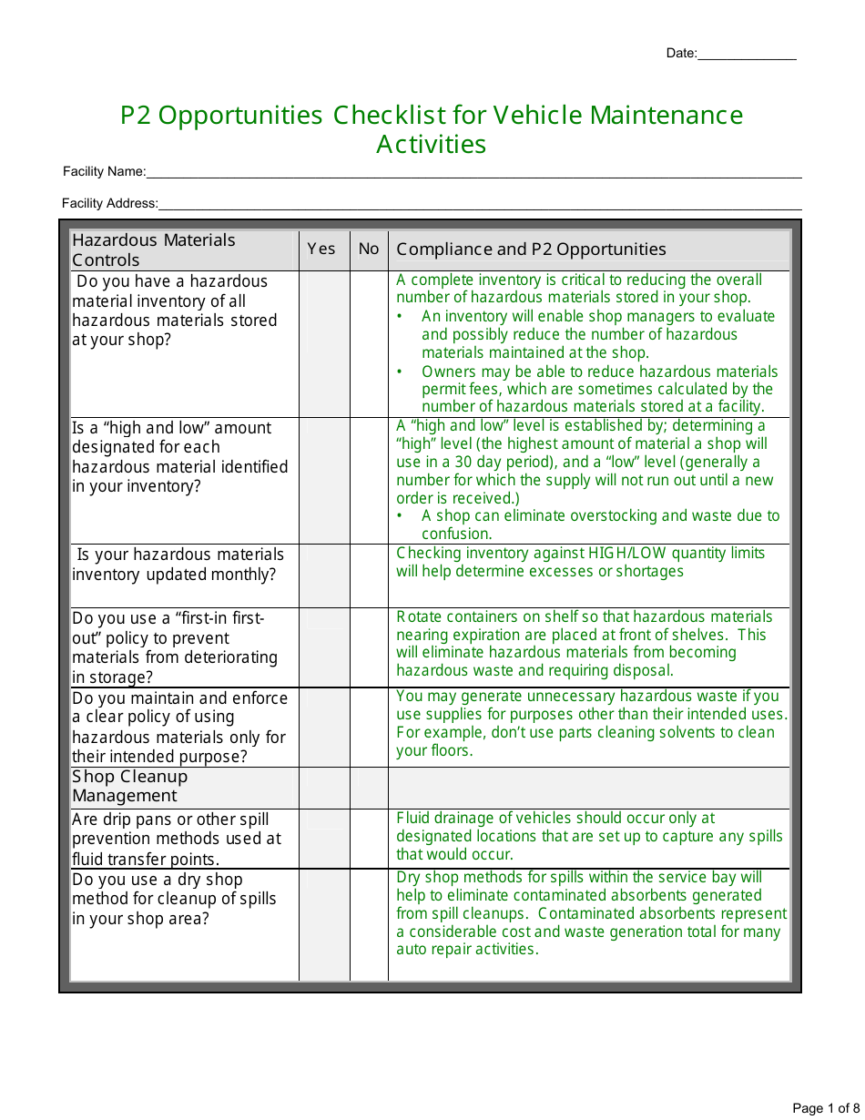 California P2 Opportunities Checklist for Vehicle Maintenance