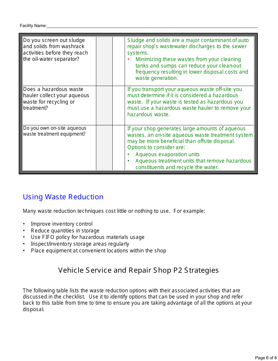 P2 Opportunities Checklist for Vehicle Maintenance Activities - California, Page 6