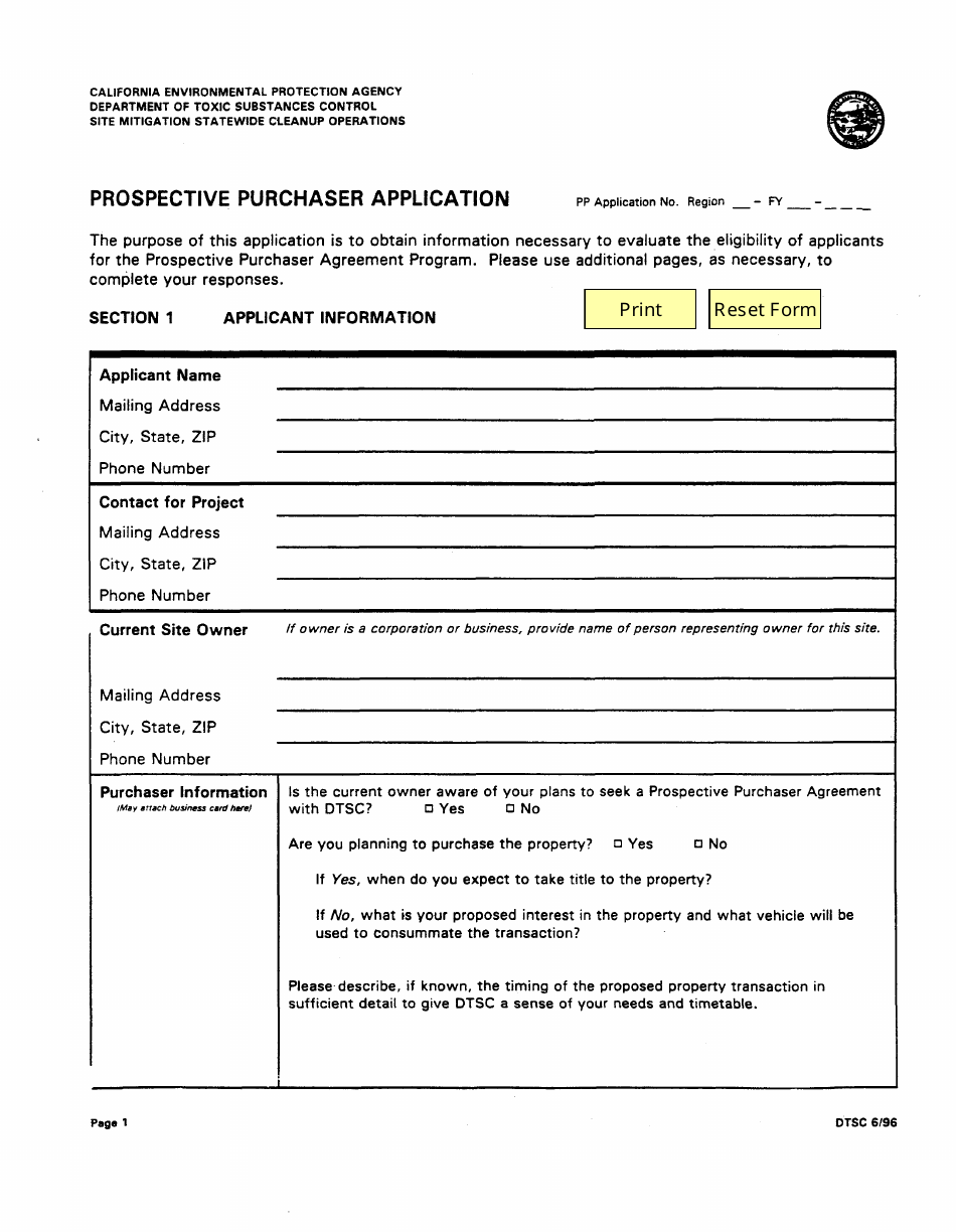 Prospective Purchaser Application Form - California, Page 1