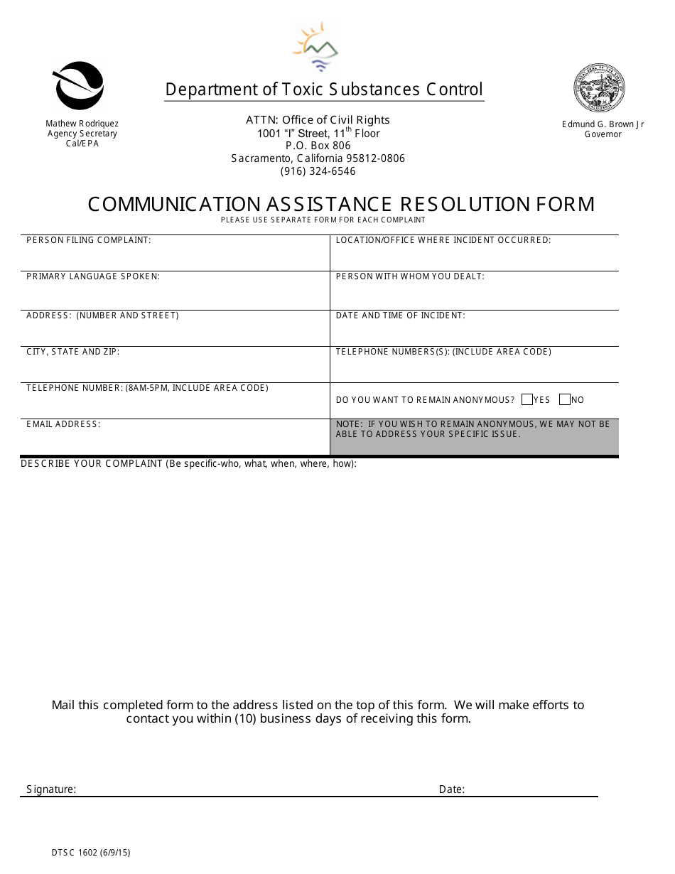 DTSC Form 1602 Communication Assistance Resolution Form - California, Page 2