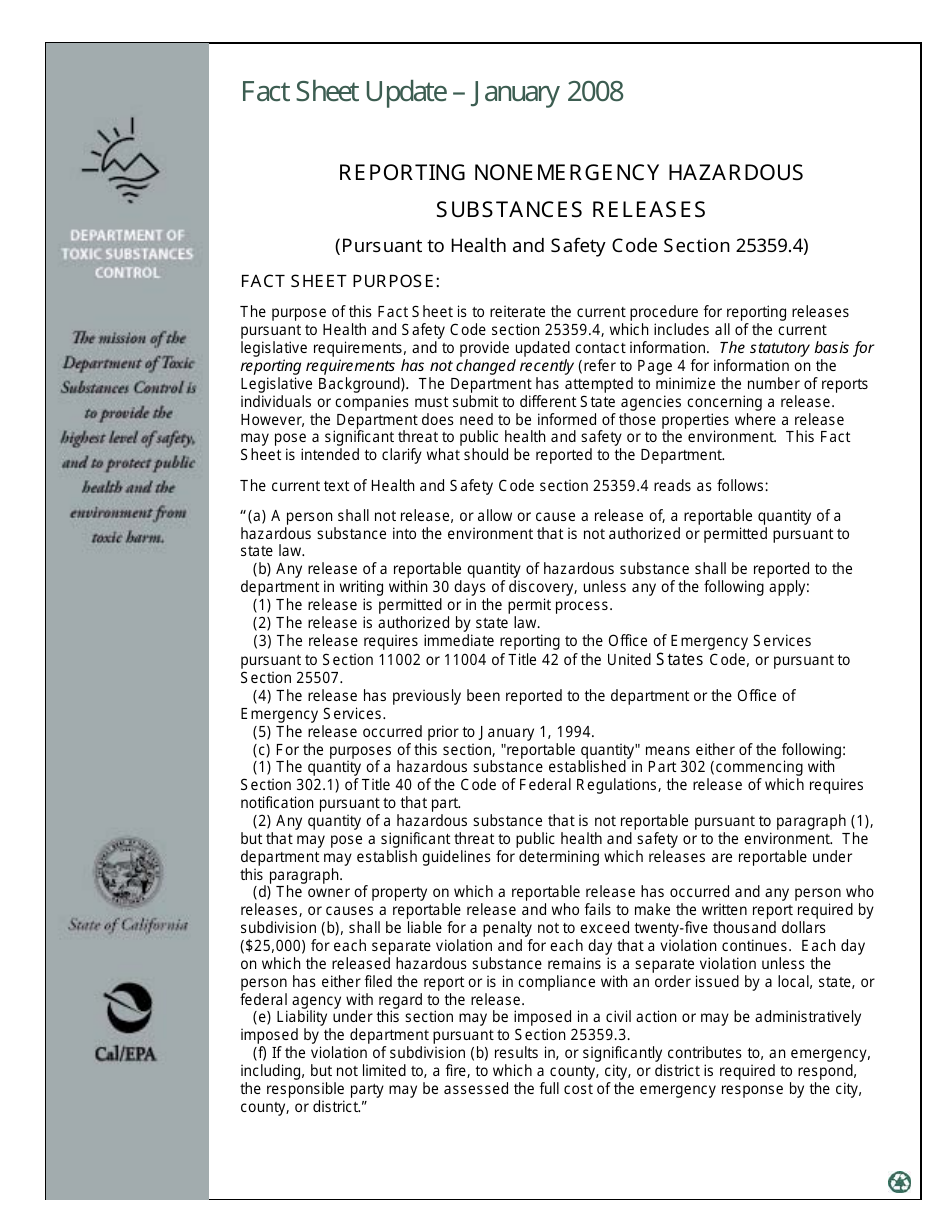 California Nonemergency Hazardous Substance Release Report Form Fill