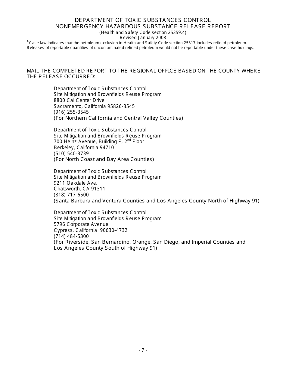 California Nonemergency Hazardous Substance Release Report Form Fill