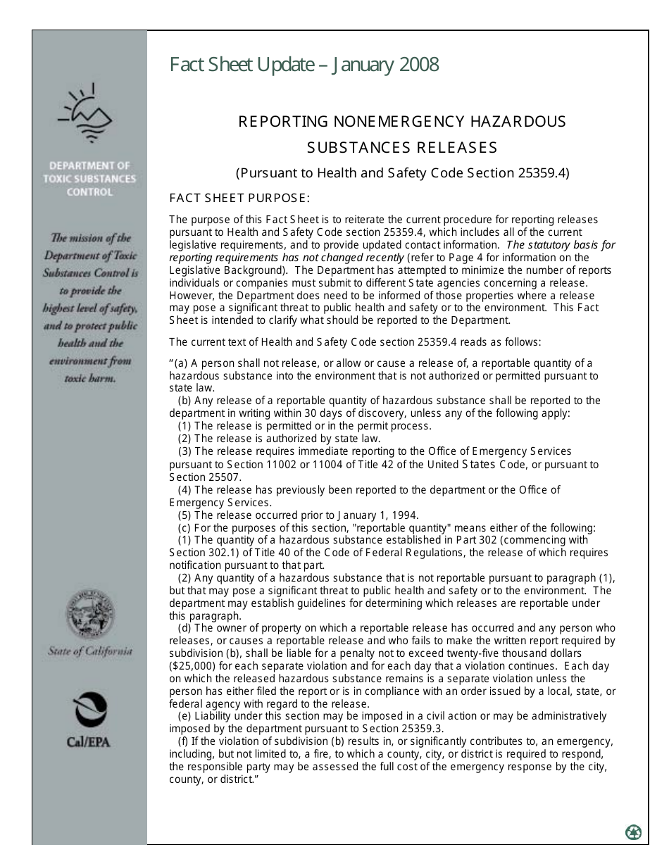 Nonemergency Hazardous Substance Release Report Form - California, Page 1