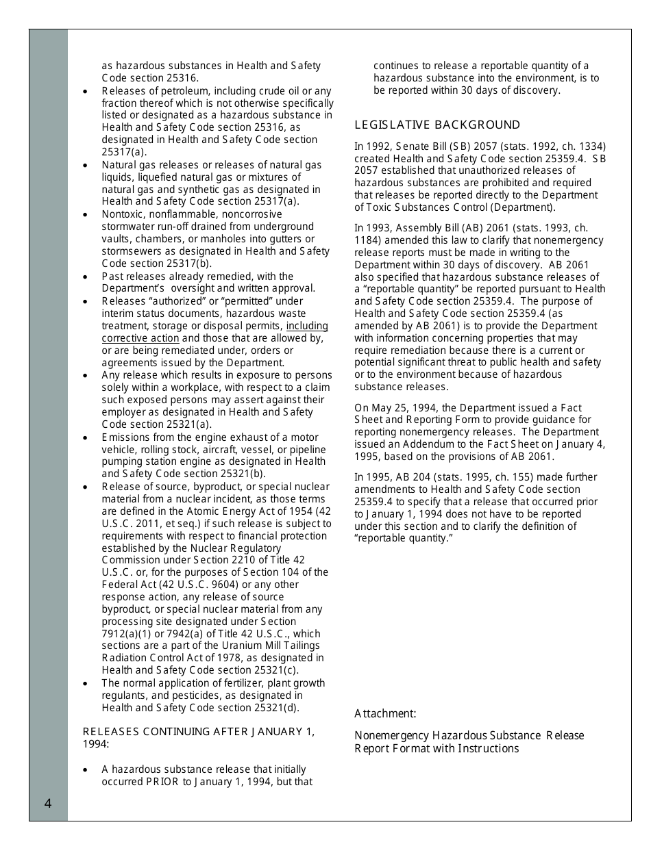 Nonemergency Hazardous Substance Release Report Form - California, Page 4