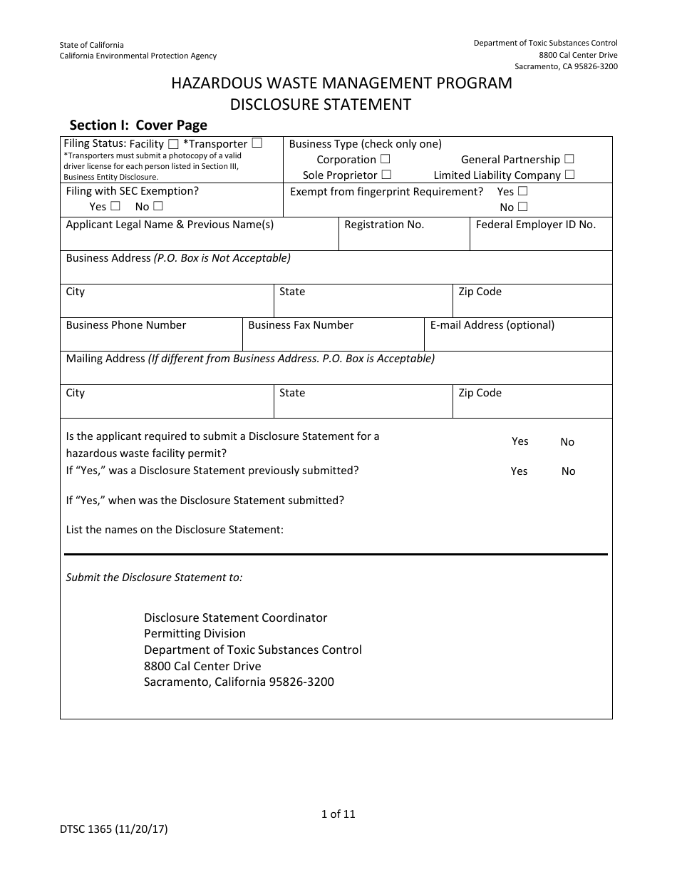 DTSC Form 1365 Disclosure Statement - Hazardous Waste Management Program - California, Page 10