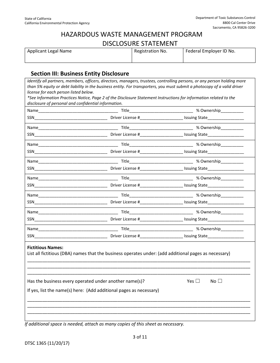 DTSC Form 1365 Disclosure Statement - Hazardous Waste Management Program - California, Page 12