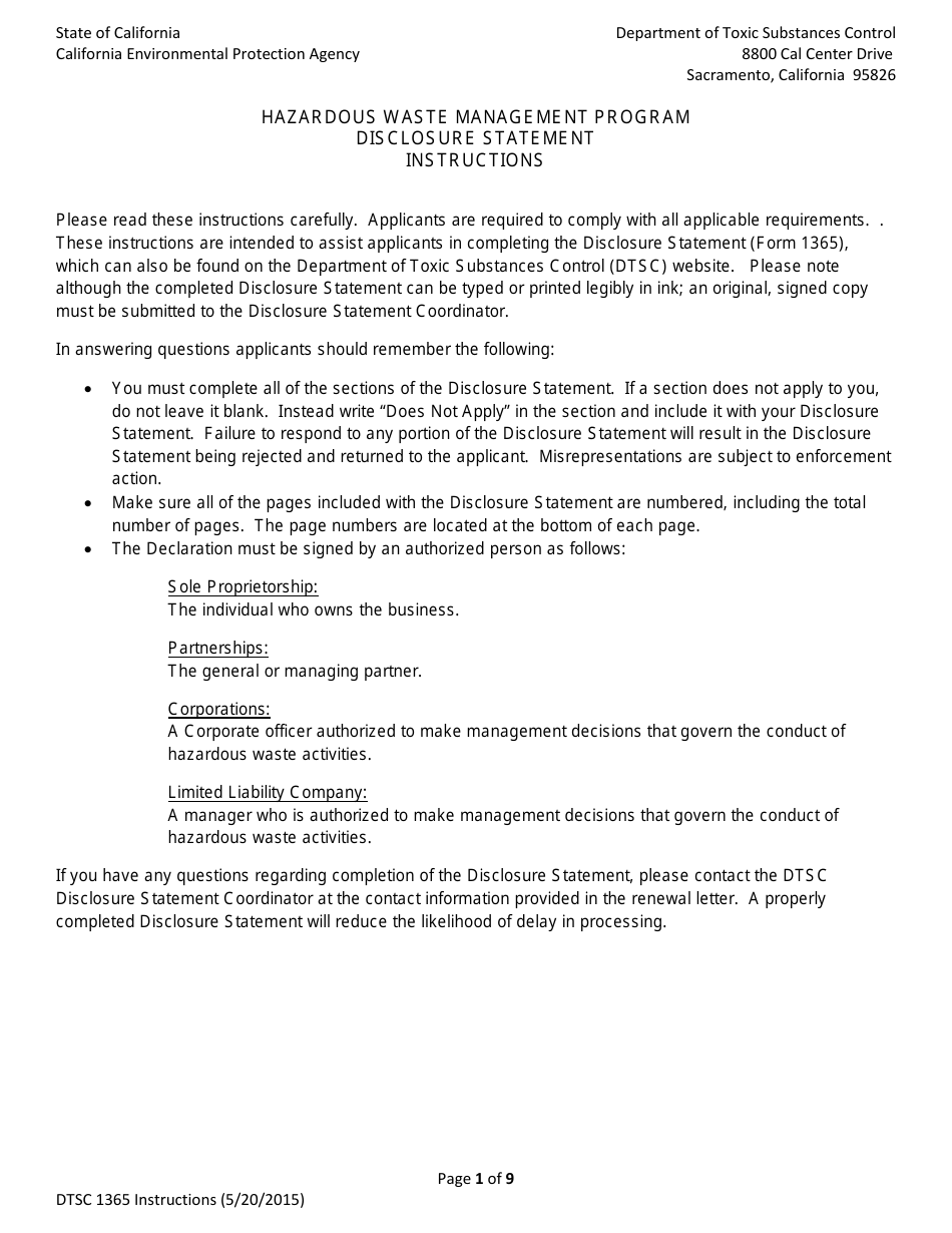 DTSC Form 1365 Disclosure Statement - Hazardous Waste Management Program - California, Page 1